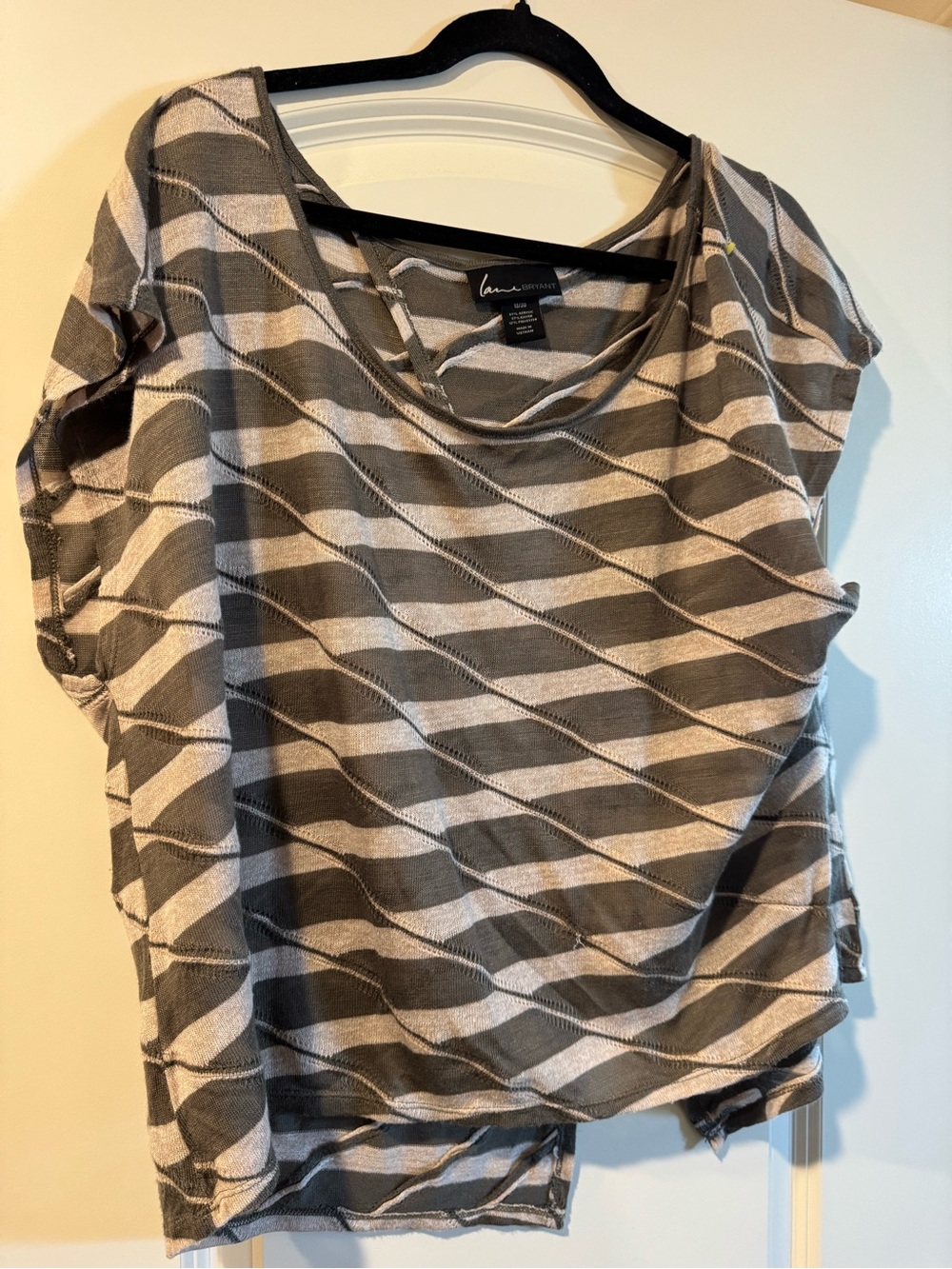 Lane Bryant Green & Cream Short-Sleeve Striped Scoop Neck Tee